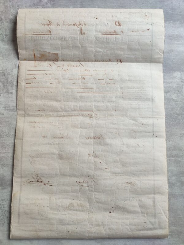 back of the certificate of good conduct, year 1839