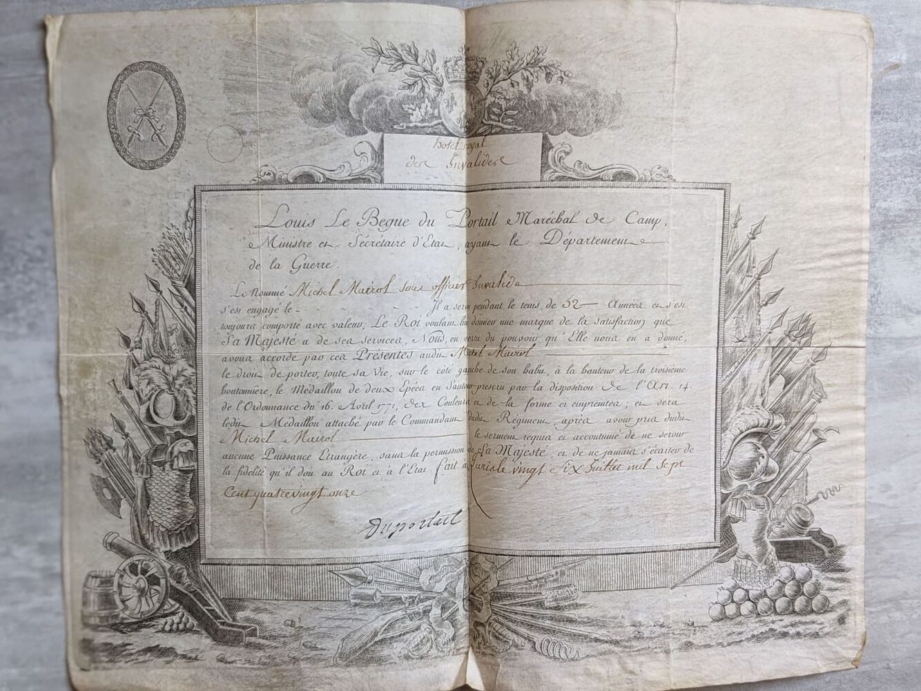 French Vellum Certificate of the Medallion or Order of the Two Swords, Stamped Signature of Louis Le Bègue Du Portail, Former Tactical Adviser to George Washington