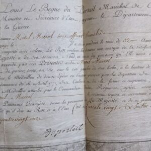 French Vellum Certificate of the Medallion or Order of the Two Swords, Stamped Signature of Louis Le Bègue Du Portail, Former Tactical Adviser to George Washington