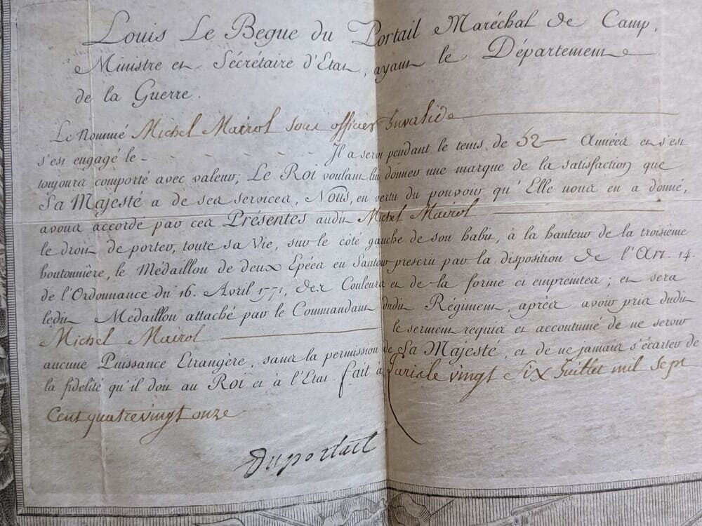 French Vellum Certificate of the Medallion or Order of the Two Swords, Stamped Signature of Louis Le Bègue Du Portail, Former Tactical Adviser to George Washington - Image 2